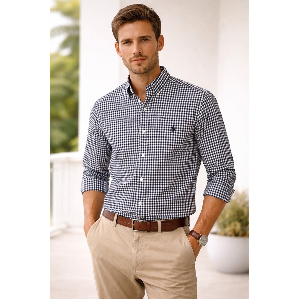 Polo Ralph Lauren Mens Small Classic Fit Gingham Button Down Shirt‎ Black White